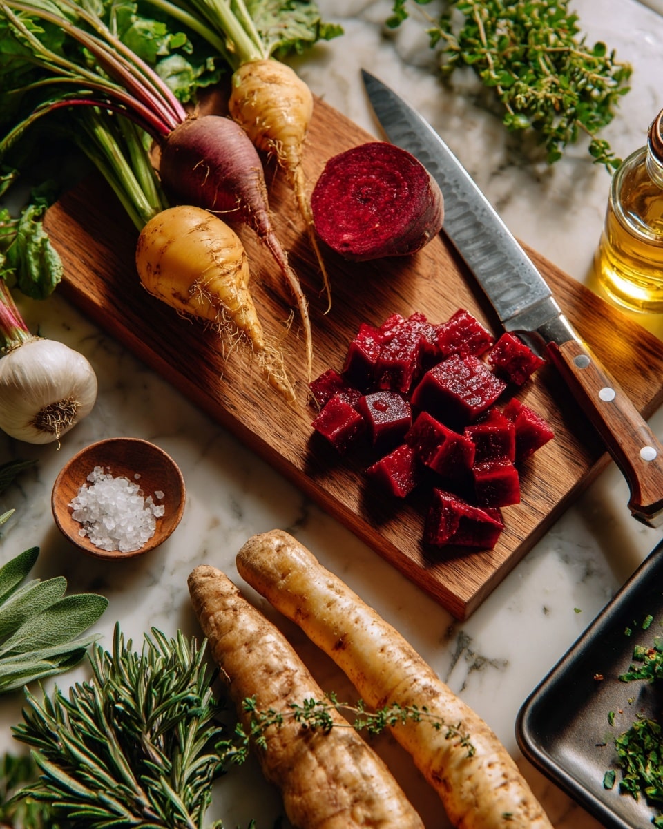 A wooden cutting board holds a sharp knife with a wooden handle and sliced dark red beet cubes, along with a halved beet. Next to the board are two orange-yellow beets with green leaves at the top, a white and purple turnip, and a long orange sweet potato. Below them lie three pale beige parsnips and an orange carrot with some green herbs on it. Fresh green herbs, including rosemary and sage, are scattered near the bottom left on a white marbled surface. A small round container of salt and a glass bottle of golden oil complete the scene, with a black metal tray partly visible on the right side. photo taken with an iphone --ar 4:5 --v 7