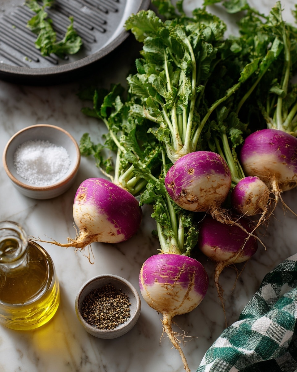 The image shows six purple and white turnips scattered on a white marbled surface. Near the turnips, there is a small white bowl filled with coarse salt, and another small white bowl containing black pepper. Next to these, there is a small glass jar with olive oil. A green and white checkered cloth napkin is partially visible under a gray grill pan at the top left corner. The turnips have a rough texture with roots visible on top. photo taken with an iphone --ar 4:5 --v 7