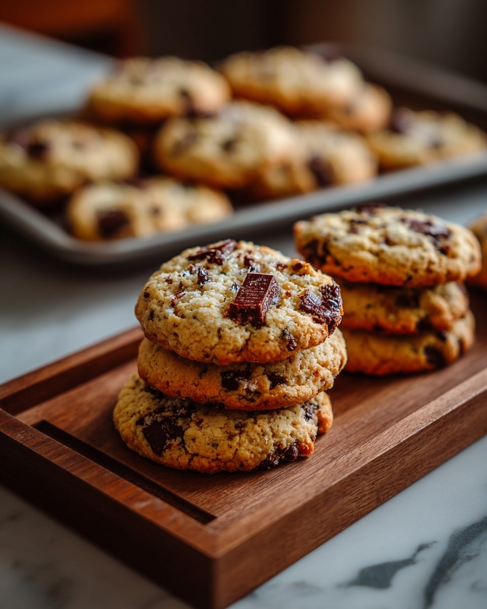 The image shows a wooden board with several round cookies placed on it. There are three stacks of cookies, each stack containing about two or three cookies. The cookies are light brown with visible chocolate chunks scattered throughout. The surface of the cookies is slightly bumpy and soft-looking. In the background, there is a tray with more cookies, slightly blurred. The whole setup is on a white marbled texture surface. photo taken with an iphone --ar 4:5 --v 7