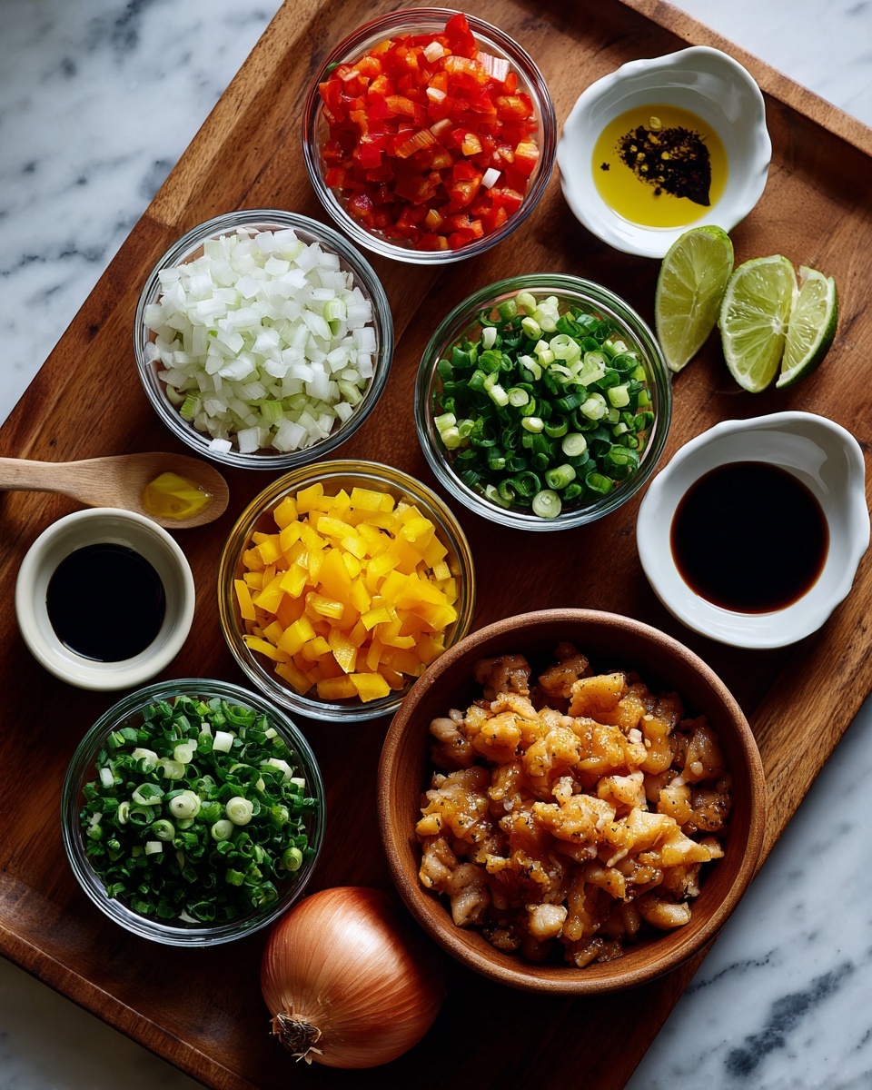 The image shows a wooden board on a white marbled surface with several bowls and small dishes arranged neatly. There are eight glass bowls with colorful chopped vegetables including white onions, red bell peppers, chopped green onions, and yellow bell peppers. One small bowl contains a golden yellow liquid, likely oil, and two white bowls hold a dark brown sauce. A brown bowl filled with cooked, chopped chicken pieces is on the right side next to half a lime. There is one whole brown onion placed on the board towards the bottom left. The overall arrangement is clean and organized, with vibrant colors from the various ingredients. photo taken with an iphone --ar 4:5 --v 7