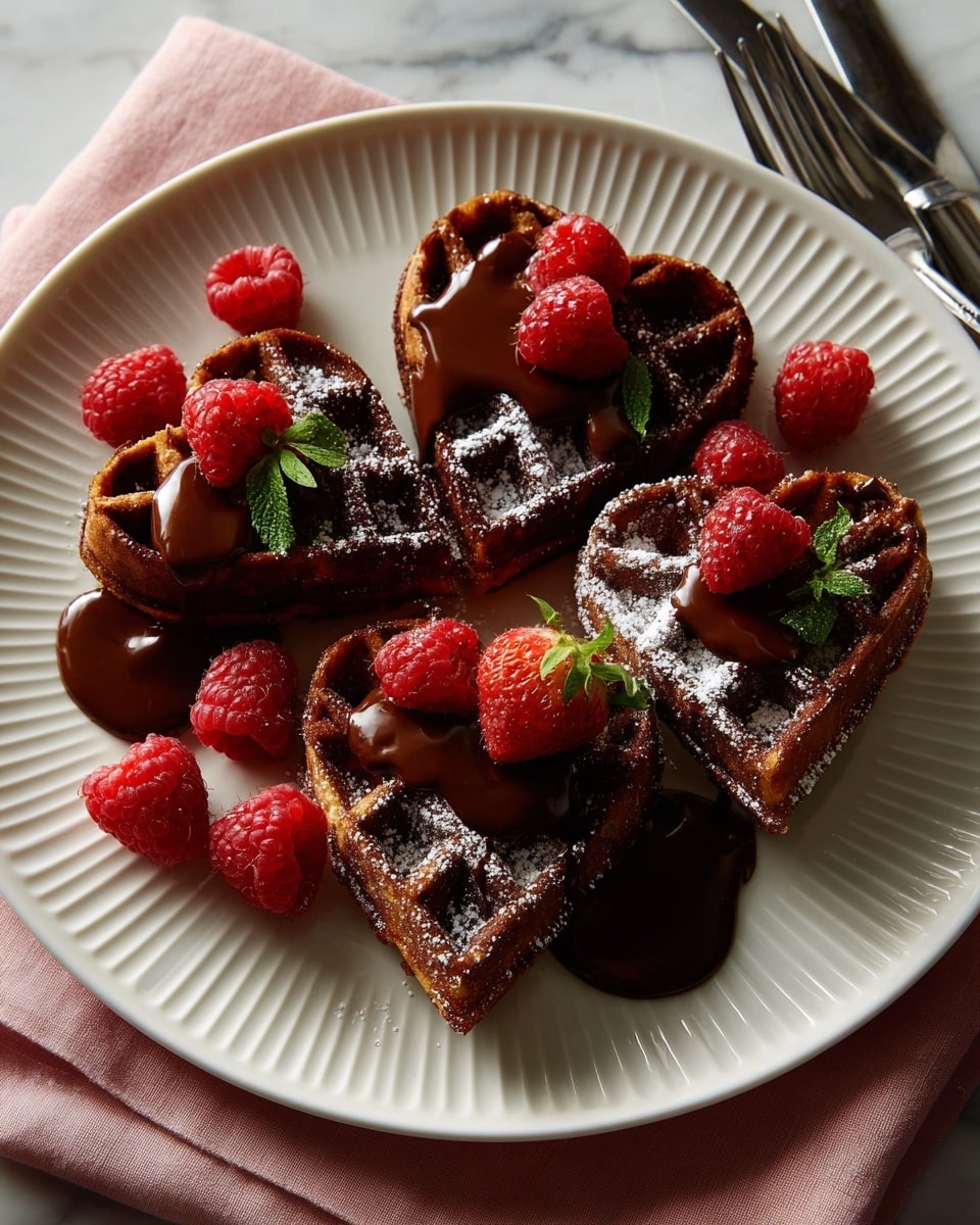 A white round plate holds six dark brown heart-shaped waffles arranged in a circle, with a shiny layer of chocolate sauce poured over them. The waffles have a textured, grid pattern and are dusted lightly with powdered sugar. Several bright red raspberries are placed on top of the waffles and scattered around the plate. The plate sits on a soft pink cloth on a white marbled surface. Photo taken with an iphone --ar 4:5 --v 7