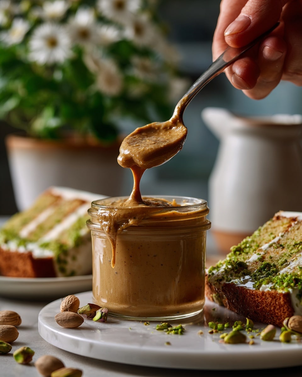 A jar filled with smooth light brown creamy pistachio spread sits in the center on a white marbled surface. A spoon held by a woman's hand scoops a thick, shiny dollop of the spread above the jar, with some dripping gently down the side. Scattered around the jar are whole pistachio nuts and a small smear of the spread on the surface. In the background, there are slices of a layered cake with light green, brown, and cream layers on white plates, with pistachio spread dripping slightly on one slice. The scene is softly lit with a blurred white pitcher and a green potted plant adding depth behind. Photo taken with an iphone --ar 4:5 --v 7