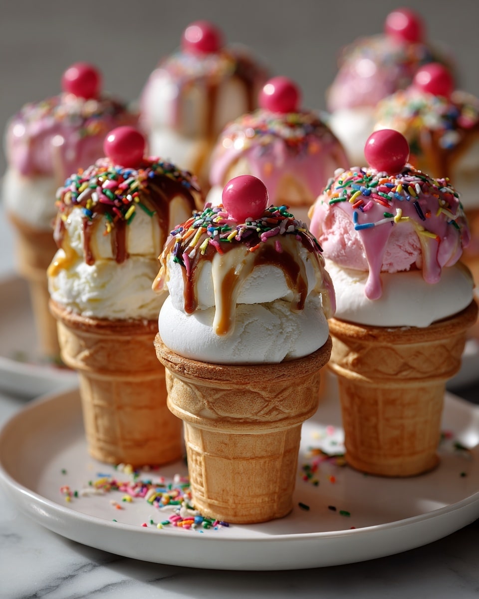 The image shows small ice cream cone desserts standing on a white plate with a white marbled background. Each cone has three layers: a light beige cone at bottom, a smooth white round layer in the middle resembling ice cream, and a topping layer. The topping layer alternates between pink and brown dripping icing with colorful rainbow sprinkles scattered on the drips. Each dessert is finished with a small bright red or pink round candy on top. Sprinkles are also scattered on the white plate around the cones. Photo taken with an iphone --ar 4:5 --v 7