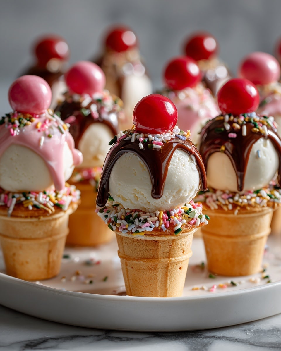 The image shows small ice cream cones standing on a white plate with a white marbled background. Each cone has three layers: the bottom cone layer is light golden brown with a waffle texture, the middle layer is smooth white ice cream, and the top layer is a glossy drizzle of either pink or dark chocolate. On top of the drizzle are colorful small sprinkles scattered unevenly. Each cone is crowned with a single round candy; either bright red or pink. Sprinkles are also scattered around the plate and background, adding extra color and fun. Photo taken with an iphone --ar 4:5 --v 7