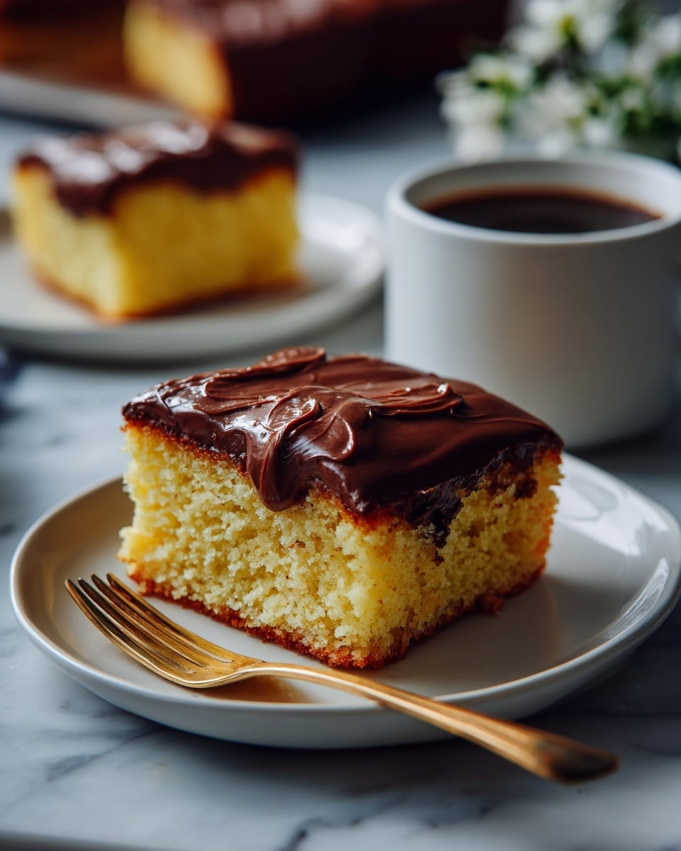 A single square piece of yellow cake with a moist and soft texture sits centered on a white plate. The cake has two distinct layers: the bottom layer is a light yellow sponge with a few swirls of darker brown inside, and the top layer is thick, smooth, and shiny chocolate frosting spread evenly over the whole piece. The plate rests on a white marbled surface, and in the background, another piece of the same cake on a white plate and a white mug are slightly out of focus. Photo taken with an iphone --ar 4:5 --v 7