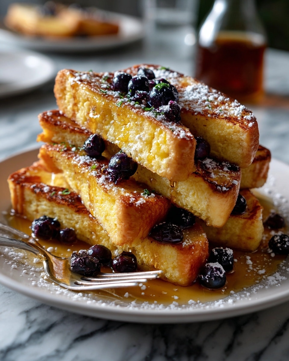 A white plate holds six thick, golden-brown pieces of French toast stacked unevenly, each piece showing a slightly crispy, caramelized surface with light darker brown edges. The toast is dusted lightly with powdered sugar, and scattered on top are small fresh blueberries that add a deep blue and purple contrast. A light amber syrup covers part of the toast, giving it a shiny look. A silver fork rests on the plate’s edge, and the background is a white marbled texture with the edge of a brown wooden surface partially visible. photo taken with an iphone --ar 4:5 --v 7