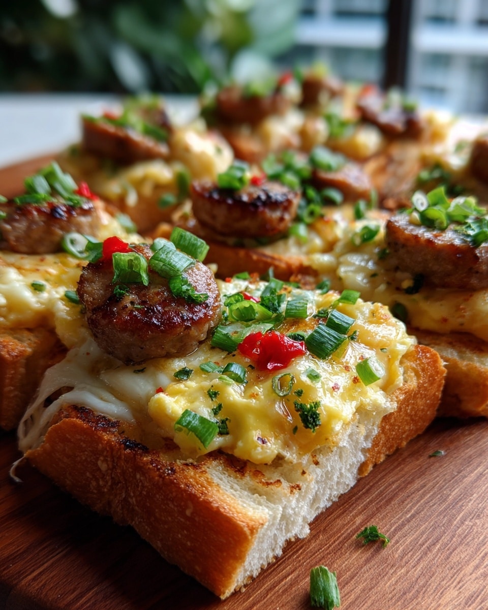 The image shows several pieces of bread boats arranged on a wooden surface. Each bread boat has a crispy, golden-brown crust with a soft white inside. The base layer inside the bread is melted yellow cheese, topped with two browned sausage slices per piece. There are small green onion pieces scattered over each boat, along with tiny bits of red pepper. The bread boats are placed close to each other with some in focus and some blurred in the background. photo taken with an iphone --ar 4:5 --v 7