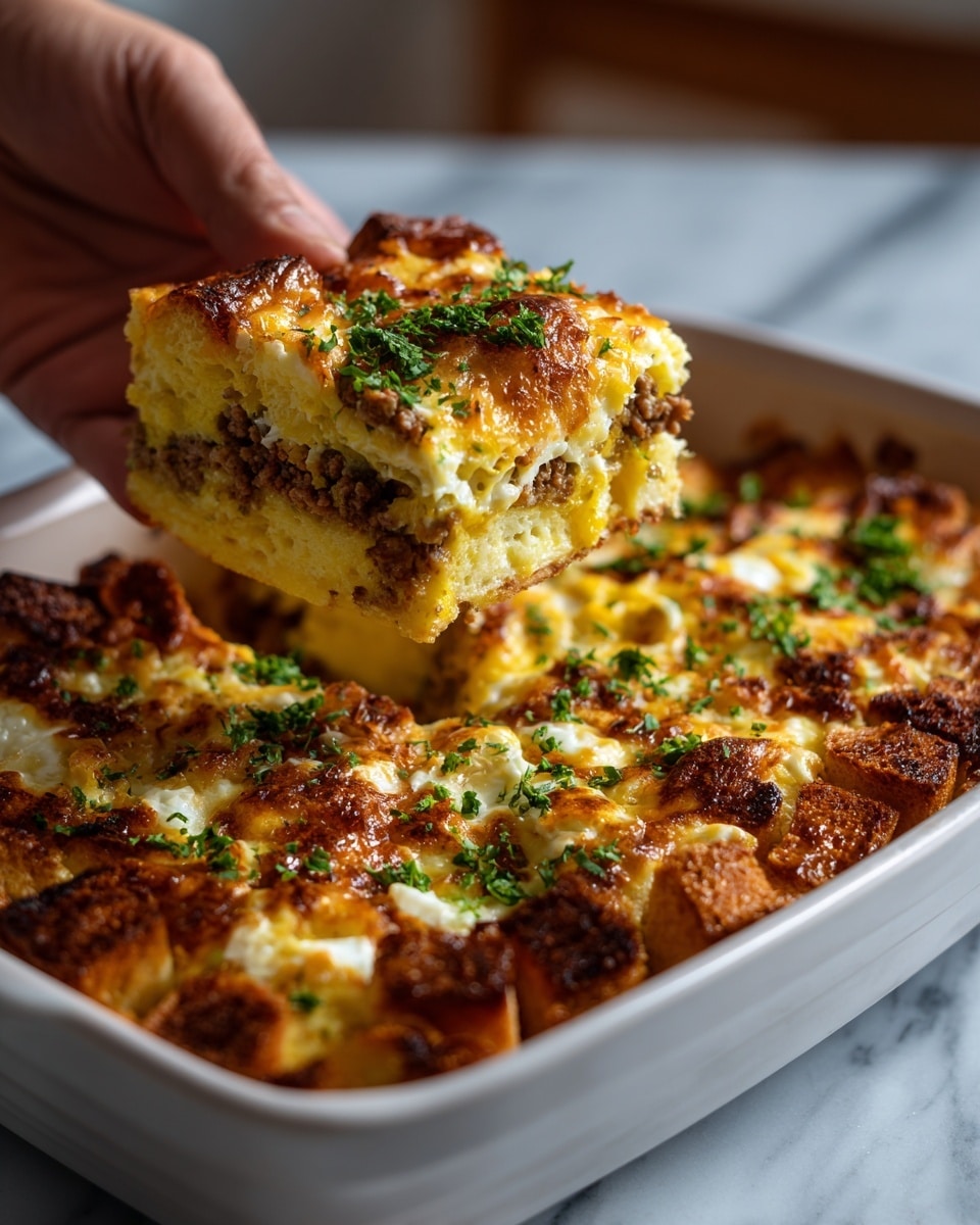 This image shows a close-up of a baked dish in a white rectangular pan with a golden brown crust on top. The dish has multiple layers: a crispy, browned bread cube layer on the bottom and edges, a middle layer of cooked ground meat mixed with green peppers, and a top layer covered in melted yellow and white cheese, sprinkled with small bits of green herbs. A woman's hand is lifting a square piece, revealing the soft, moist inside with all the layers clearly visible. The pan is placed on a white marbled surface. photo taken with an iphone --ar 4:5 --v 7