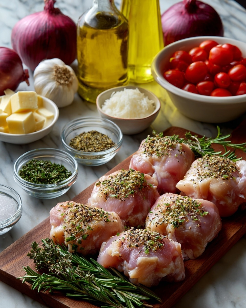 The image shows a wooden board with nine raw, light pink chicken pieces sprinkled with black pepper and herbs, resting on top of some green rosemary sprigs. Surrounding the board are various small clear glass and white bowls filled with green dried herbs, black pepper, small pale yellow cubes of butter, and fine white salt. To the right, there is a large white bowl full of small red cherry tomatoes. In the background on a white marbled surface, there are red onions, yellow onions, and two tall glass bottles filled with yellow olive oil. Three whole heads of garlic are placed at the bottom left corner of the image. Photo taken with an iphone --ar 4:5 --v 7