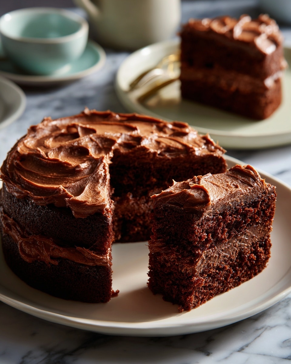 This is a two-layer chocolate cake with smooth and creamy chocolate frosting spread thickly on top and between the layers. The cake has a rich dark brown color with moist texture inside. The frosting on top is swirled in soft peaks, giving it a textured look. The cake sits on a round white plate with a white marbled textured background. In the background, there are two white plates each holding a slice of the same cake. The edges of the cake and slices are neat and the lighting highlights the glossy chocolate frosting. photo taken with an iphone --ar 4:5 --v 7