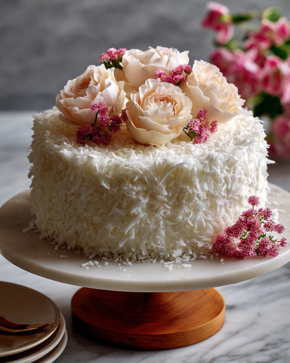 A round cake covered fully with white shredded coconut on all sides, sitting on a white marble textured cake stand with a wooden base. On top, there are several soft cream-colored and light pink rose-shaped frosting decorations arranged close together, adding a delicate floral touch to the cake’s smooth and textured surface. A small cluster of tiny pink flowers rests near the base of the cake on the cake stand. The background is also white with a marbled texture, making the cake stand out clearly. photo taken with an iphone --ar 4:5 --v 7