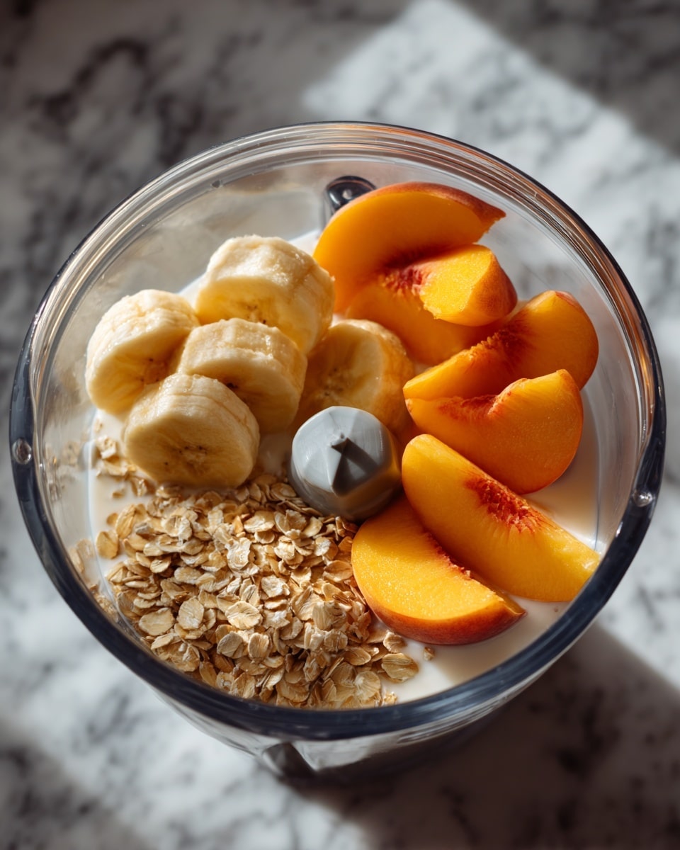 Inside a clear blender, there are soft yellow banana pieces on the left, next to a small pile of light brown oats at bottom left. On the right, bright orange peach slices are stacked on top of each other. The fruits and oats sit in a small pool of white milk at the bottom. The blender has a sharp grey blade visible in the center. The background is a white marbled texture. photo taken with an iphone --ar 4:5 --v 7