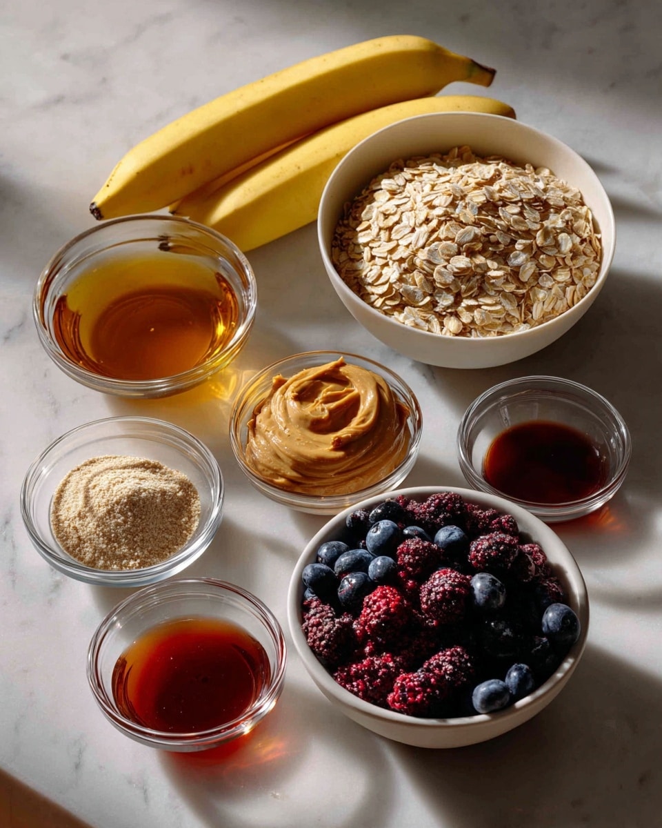The image shows several ingredients placed on a white marbled surface. At the top right is a round white bowl filled with light brown rolled oats with a dry texture. To the left of the oats are two whole yellow bananas with a smooth peel, laying side by side. Below the bananas is a small clear glass container filled with amber-colored syrup. In the middle right is a small clear round bowl with smooth, light brown nut butter. Below this bowl is another small clear bowl containing two powders, one light and one darker, side by side. At the bottom right is a shallow white bowl filled with dark blue and red frozen berries that look frosty and textured. Next to the berries are two small clear bowls holding amber and reddish-colored syrups. All objects are arranged neatly with soft natural light. Photo taken with an iphone --ar 4:5 --v 7