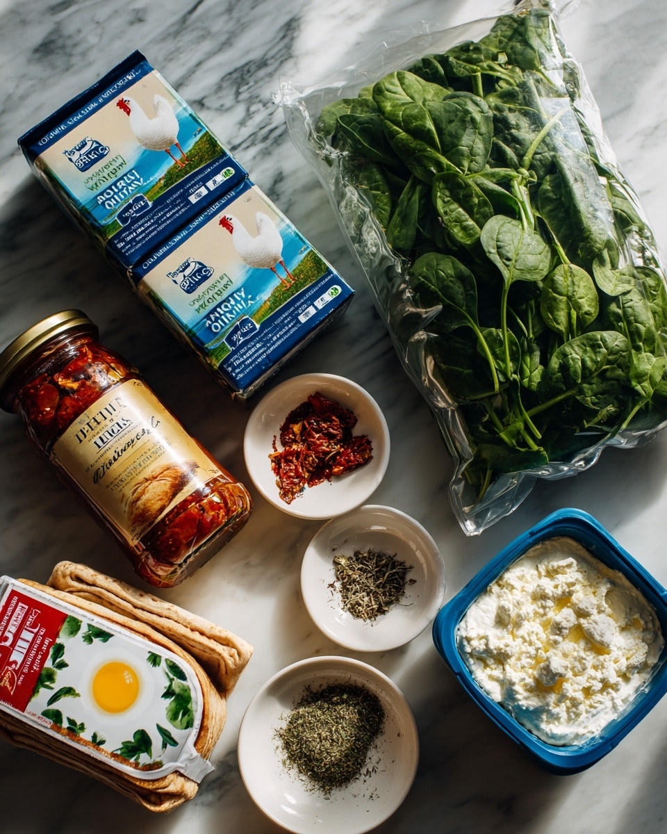 The image shows several cooking ingredients arranged on a white marbled surface. There are two cartons of organic egg whites with blue and green labels featuring a white chicken and a yellow sun image, standing upright near the top left. To the right, there is a large clear plastic bag of organic baby spinach with green leaves visible inside and green and blue print on the bag. Below the egg whites and spinach, there is a jar of sun-dried tomatoes with a red and yellow label, lying on its side. Toward the bottom left, a package of flatbread with red and white packaging is visible. Near the center, there is a round white bowl with small piles of spices including black pepper, salt, and dried herbs. To the right, a blue container of traditional feta cheese crumbles sits on the surface. In the lower left corner is a white container of cream cheese spread with colorful leaf graphics on the lid. All items are neatly spaced and well-lit. photo taken with an iphone --ar 4:5 --v 7