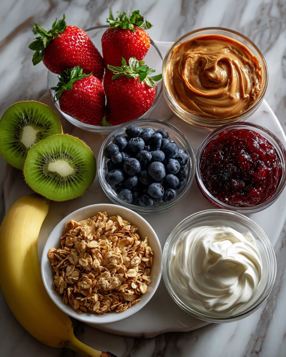 The image shows fresh and colorful ingredients arranged on a white marbled surface. There are four red strawberries with green leaves on the left, two halves of a bright green kiwi below them, and a peeled yellow banana to the bottom left. Three clear glass bowls hold shiny blueberries, light brown peanut butter, and a dark red berry jam on the top right. Below these, a white bowl is filled with light brown granola, and next to it on the lower right, a glass bowl contains thick white yogurt with a smooth swirl on top. The arrangement is neat and vibrant, showing a mix of fresh fruits and healthy toppings. photo taken with an iphone --ar 4:5 --v 7