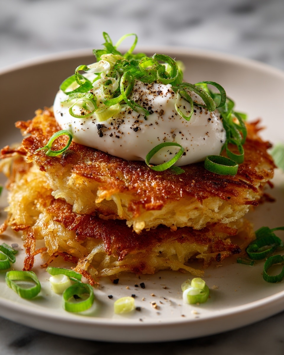 Two crispy, golden-brown potato pancakes are stacked slightly unevenly on a white plate, showing their shredded texture and browned edges. On top, there is a generous dollop of smooth white sour cream, sprinkled lightly with black pepper. Bright green, thinly sliced scallions are scattered over the sour cream, adding a fresh pop of color. The plate sits on a white marbled surface. photo taken with an iphone --ar 4:5 --v 7
