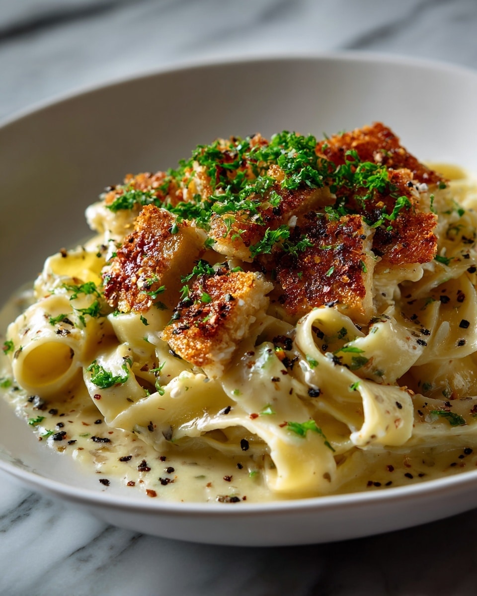 The dish shows a white plate filled with creamy fettuccine pasta as the bottom layer, covered in a smooth, thick white sauce that coats the noodles evenly. On top, there are several pieces of golden brown seared chicken with a slightly crisp outer texture, scattered across the pasta. Small green herb pieces are sprinkled over the chicken and sauce, adding fresh color contrast. The background features a white marbled texture. Photo taken with an iphone --ar 4:5 --v 7