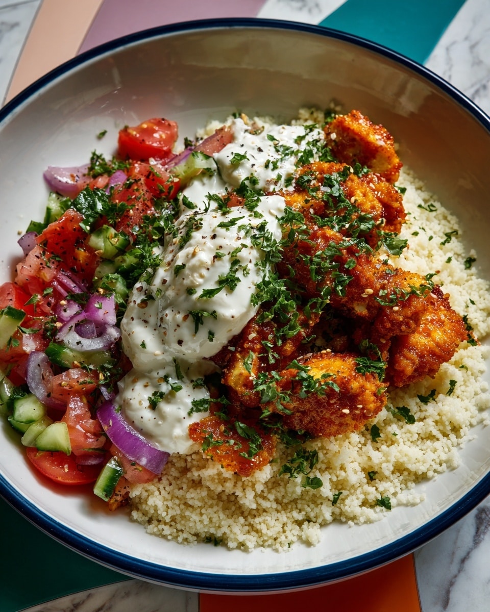 A white bowl with a blue rim filled with four main layers: at the bottom is a fluffy, light beige rice layer; on one side, bright orange cooked chicken with a slightly saucy texture; around the chicken and rice, fresh salad made of chopped green cucumber, halved red cherry tomatoes, and thin curved slices of purple onion; on top of everything, a dollop of white yogurt sauce sprinkled with chopped green herbs. A woman's left hand holds the bowl while a woman's right hand holds a wooden fork poised above the salad. The background is a white marbled surface with some green parsley leaves and part of a white bowl with yogurt sauce nearby. Photo taken with an iphone --ar 4:5 --v 7