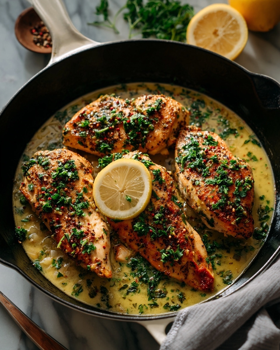 A black pan sits on a white marbled surface holding three cooked pieces of chicken, each topped with small green herb bits and two thin lemon slices placed on the chicken. The sauce in the pan is light yellow and smooth, filling the space around the chicken pieces. A few fresh green herb leaves are scattered on top and around the chicken. To the side of the pan, there is a half lemon, bright yellow and fresh. A grey and white striped cloth lies partially visible in the bottom right corner. photo taken with an iphone --ar 4:5 --v 7