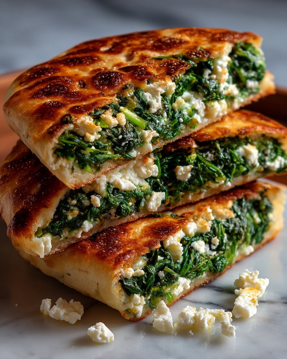The image shows a round, golden flatbread cut into six square pieces with a crispy, lightly browned top layer. The flatbread has a soft, slightly puffed texture with areas of darker brown spots. Inside, there is a visible thin green layer of filling peeking out slightly near the edges. The flatbread sits on white parchment paper with two lemon wedges placed on the left side. The background has a white marbled texture. photo taken with an iphone --ar 4:5 --v 7