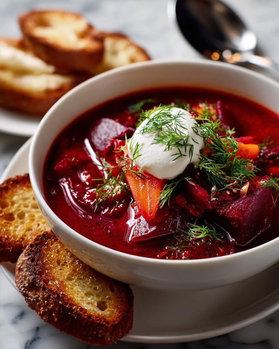 A white bowl filled with thick, bright red beet soup that has visible pieces of beet and small chunks of other vegetables throughout. On top of the soup is a dollop of white sour cream with a small sprig of green dill resting on it. The bowl is placed on a beige and white checkered cloth, surrounded by pieces of toasted golden-brown bread. A silver spoon is seen to the right of the bowl, all set against a white marbled surface. Photo taken with an iphone --ar 4:5 --v 7