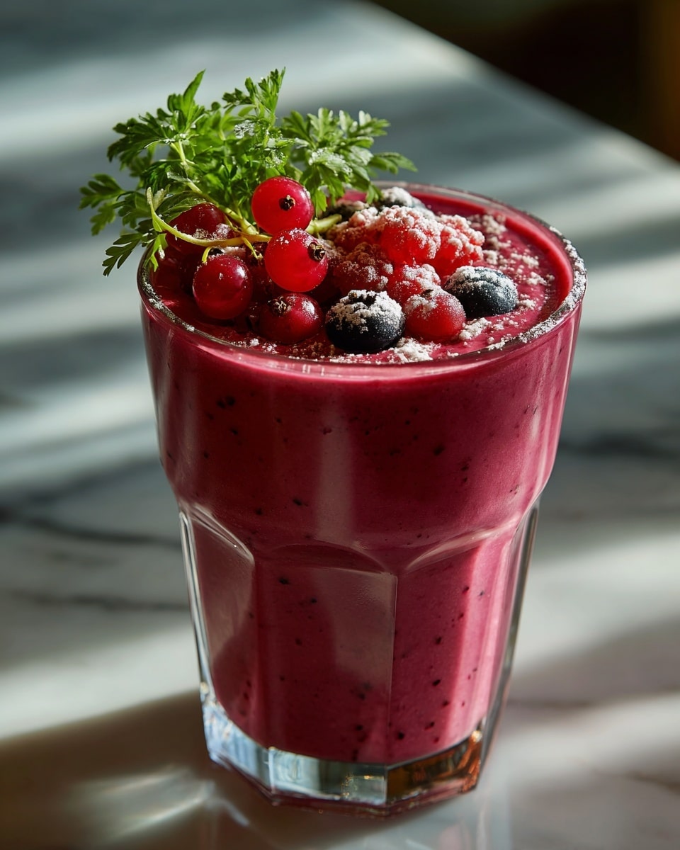 A tall clear glass filled with a thick, deep purple smoothie topped with a layer of fresh red currants, blueberries, and a single red raspberry, all dusted with a sprinkle of white powdered sugar, and a small sprig of green herb placed on top, sitting on a white marbled textured surface with soft light casting shadows. photo taken with an iphone --ar 4:5 --v 7