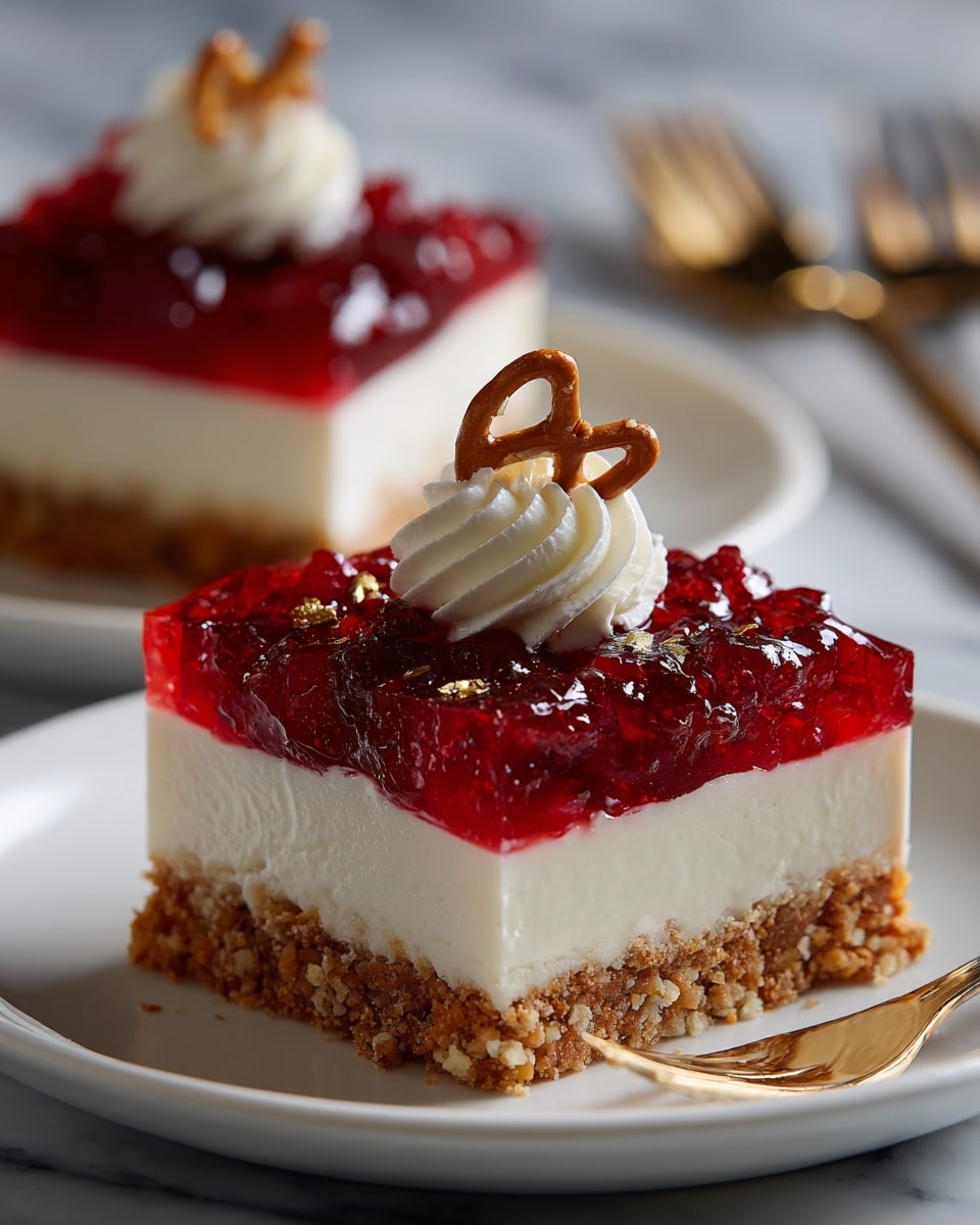 The image shows a square dessert on a white plate with three distinct layers: the bottom layer is a crumbly, light brown crust, the middle layer is smooth and white cream, and the top layer is a bright red jelly mixed with fruit pieces. On top of the dessert is a dollop of white whipped cream with a single light brown pretzel placed vertically for decoration. Another similar dessert is blurred in the background on another white plate, and a silver fork lies beside the main plate on a white marbled surface. Photo taken with an iphone --ar 4:5 --v 7