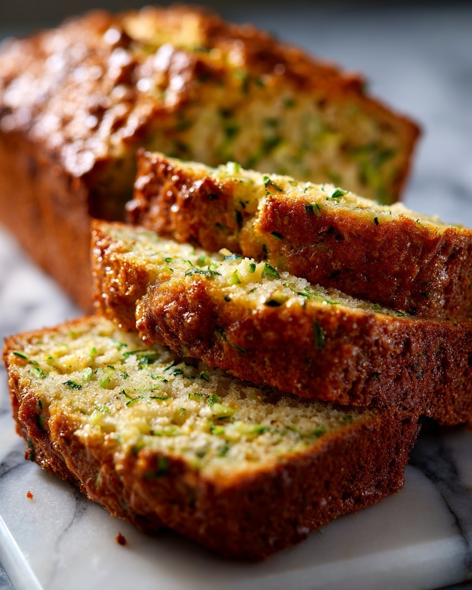 A loaf of zucchini bread is shown on a white marbled surface. The bread has three visible layers: the top layer is golden brown with a textured, slightly crispy crust; the middle layer is light yellow with thin green specks of zucchini throughout, showing a moist and soft texture; the bottom layer matches the top with its darker, crunchy crust. Two slices are cut and lie in front of the loaf, displaying the layered texture inside clearly. photo taken with an iphone --ar 4:5 --v 7