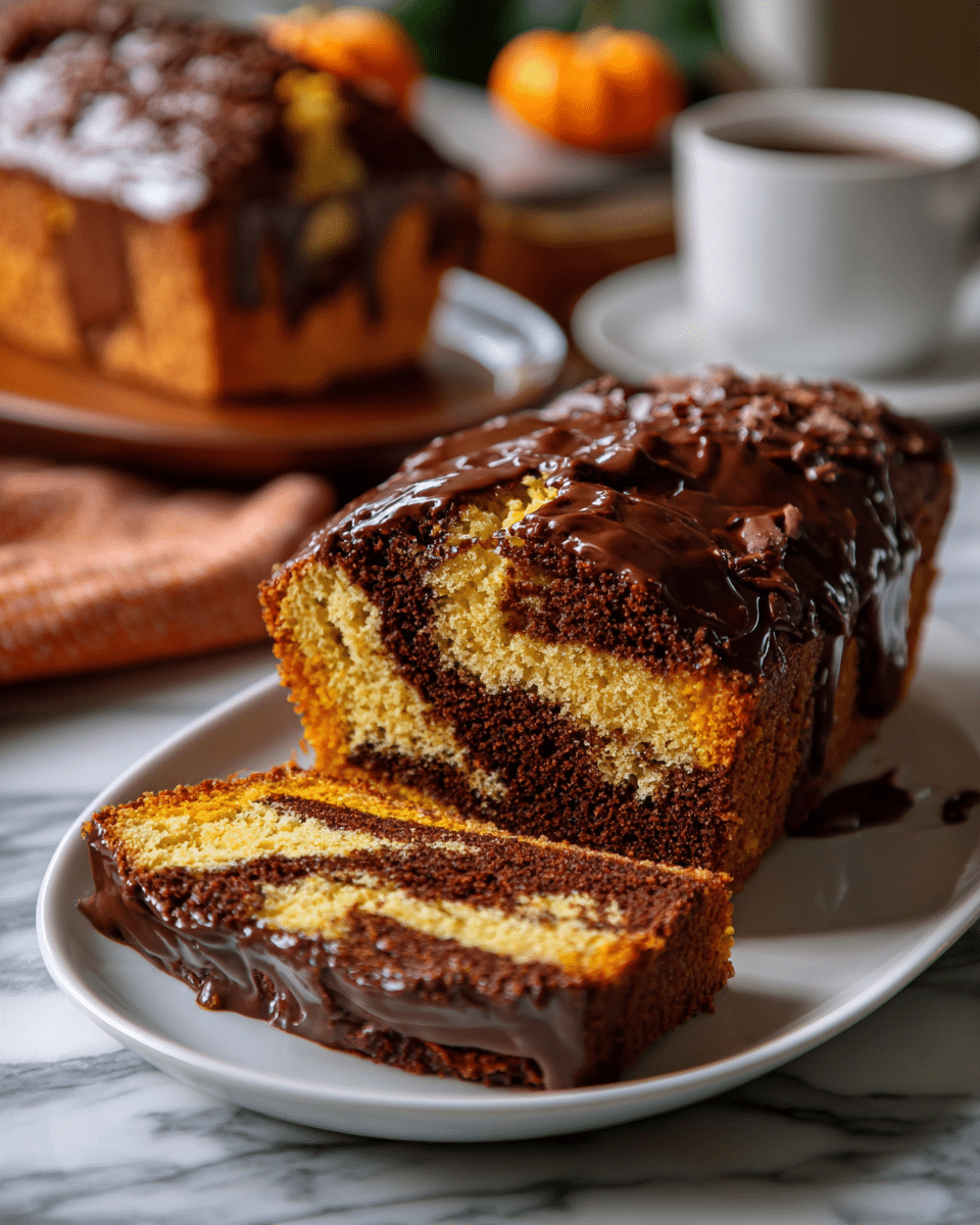 A loaf cake with two visible layers swirled together in a pattern of dark brown and orange, showing a soft, crumbly texture. The top of the cake is covered with a thick, glossy dark chocolate glaze that drips down the sides unevenly. One slice is cut and laid flat in front of the loaf, showing the swirl detail clearly. The cake is on a white plate placed on a white marbled surface, with several small orange pumpkins blurred in the background. photo taken with an iphone --ar 4:5 --v 7