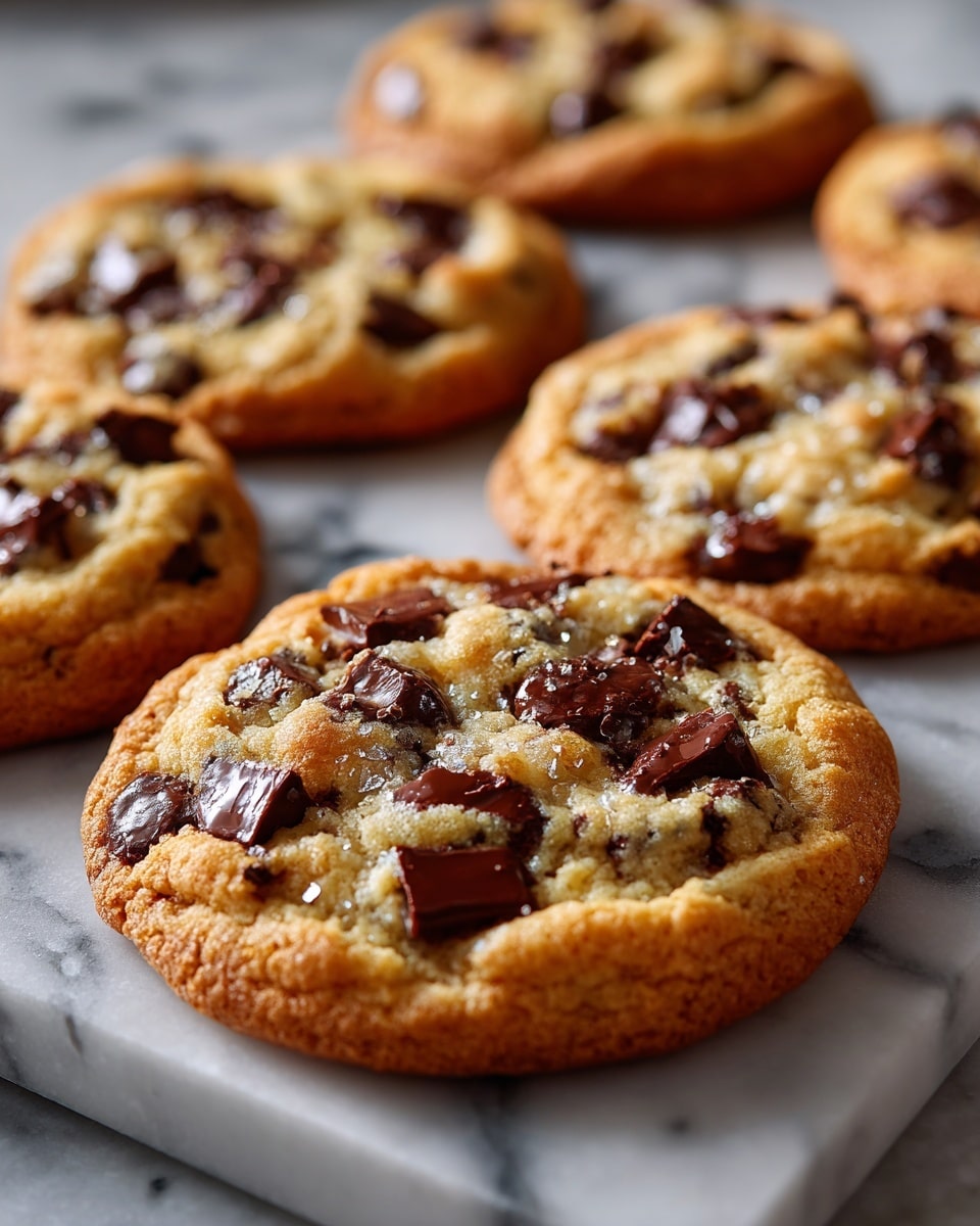 A close-up view of a single round cookie with a golden brown base full of dark brown chocolate chips spread on top and inside the cookie. The cookie has a slightly bumpy texture with some chocolate chips standing tall, giving it depth. More cookies are blurred in the background, all resting on a white marbled surface. photo taken with an iphone --ar 4:5 --v 7