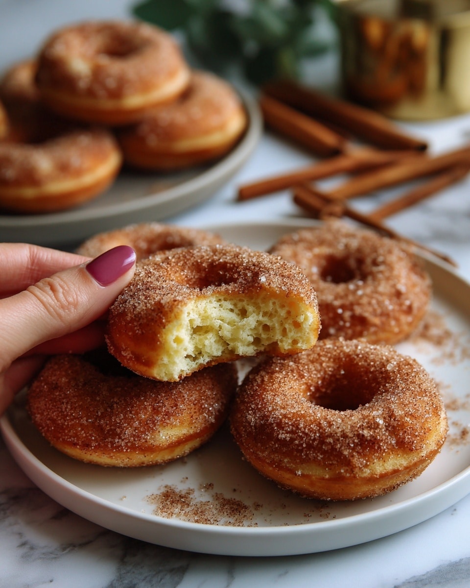 A close-up view of two doughnuts on a white marbled surface, one doughnut lying flat with a hole in the middle and coated with a layer of cinnamon sugar, the other doughnut resting partly on top with a bite taken out, revealing a soft, golden yellow inside; there are more doughnuts and cinnamon sticks scattered softly blurred in the background. Photo taken with an iphone --ar 4:5 --v 7