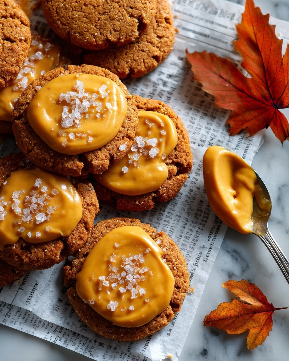 Round cookies with a light brown color and a textured edge that looks like it was pressed with a fork are shown close-up. Each cookie has one thick layer of smooth, bright orange icing spread on top, slightly uneven and glossy, sprinkled with coarse white sugar and dark brown cinnamon powder. The cookies are placed on a sheet with text printed in brown, and a silver spoon on the side holds extra orange icing which drips slightly. A red-orange autumn leaf can be seen in the upper right corner. The background has a white marbled texture. photo taken with an iphone --ar 4:5 --v 7