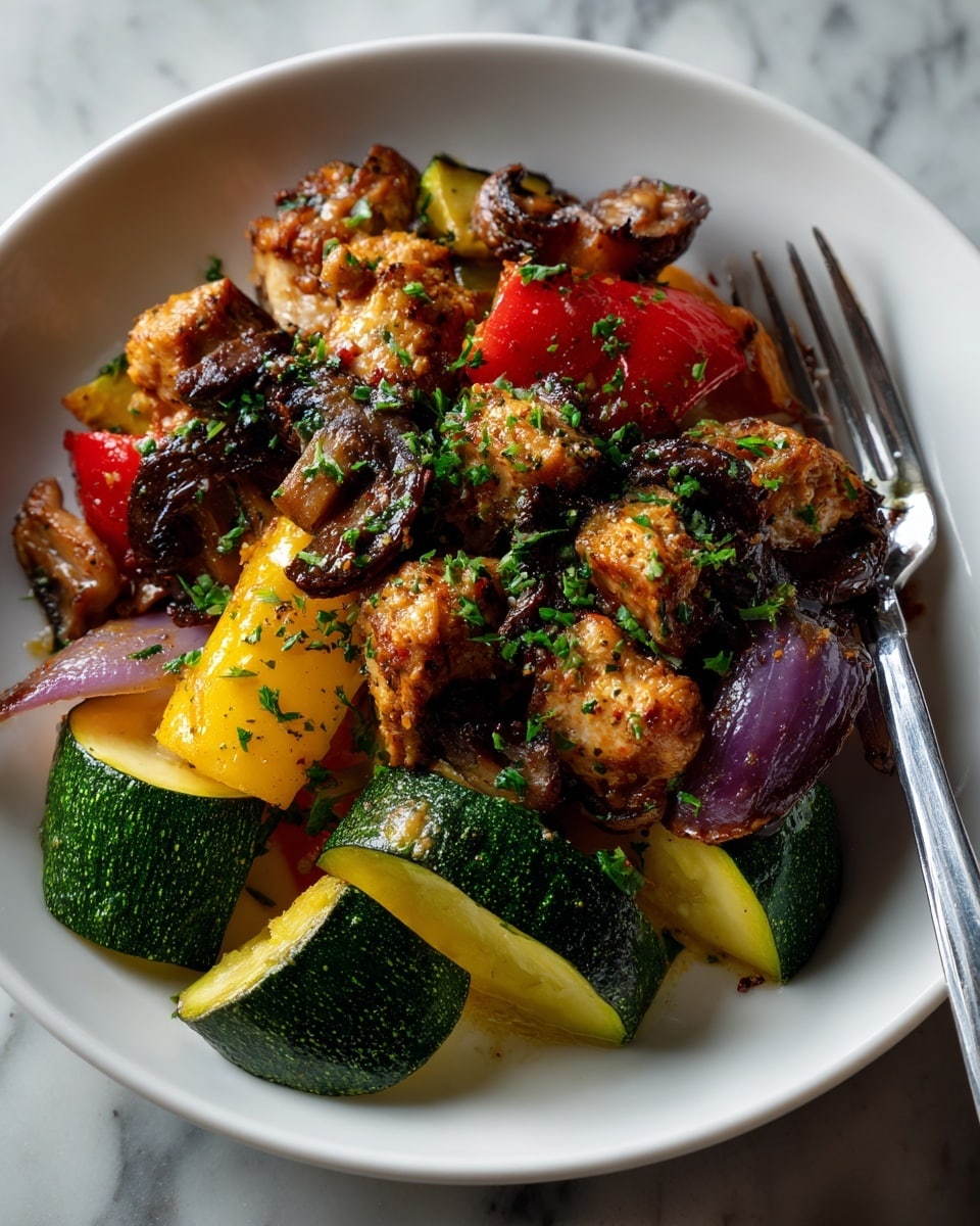 A white plate filled with a mix of cooked vegetables and chicken pieces. The dish has chunks of light brown chicken scattered evenly throughout. There are bright red, yellow, and purple bell pepper pieces mixed with green zucchini slices, all with a slight shine. Dark brown mushrooms and purple onion chunks are also spread among the other ingredients. The food is sprinkled with green herbs. A silver fork is placed on the right edge of the plate. The plate rests on a white marbled surface. photo taken with an iphone --ar 4:5 --v 7
