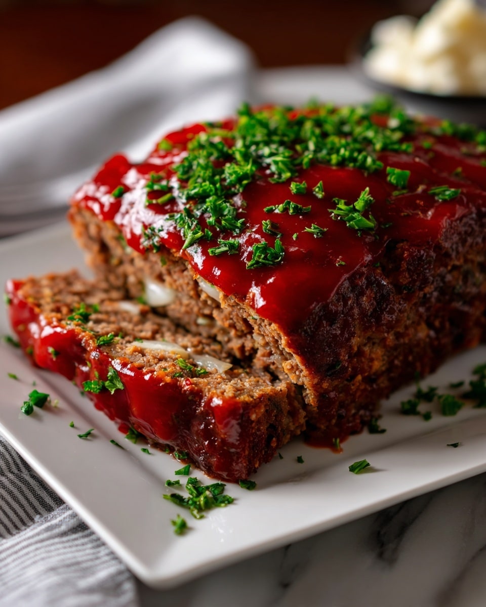 The image shows several thick slices of meatloaf stacked on a white plate, each slice covered with a shiny red glaze that looks smooth and slightly sticky. The meatloaf inside is brown with visible small chunks of onion and a crumbly, moist texture. Fresh green parsley leaves are sprinkled on top and placed to the side of the meatloaf, adding a touch of color. The plate sits on a white marbled surface, and a striped cloth is partially visible in the background. photo taken with an iphone --ar 4:5 --v 7