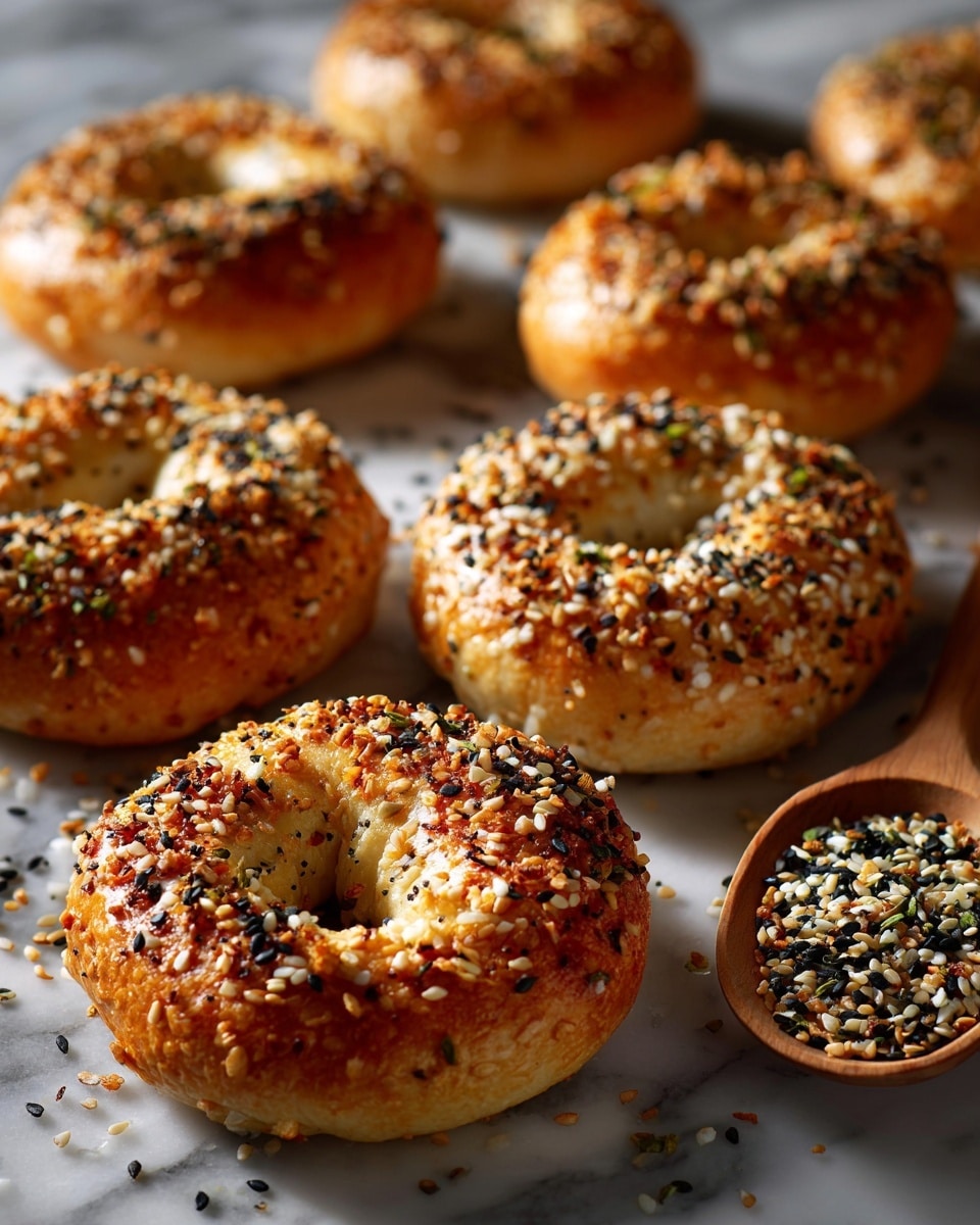 The image shows several golden-brown bagels with a shiny crust, each topped with a mix of white sesame seeds and black poppy seeds. The bagels have a smooth, slightly puffed surface and a visible hole in the center. They are placed on a white marbled surface, spaced apart with one bagel more focused at the center. A wooden spoon filled with a similar seed mixture rests to the right of the bagels. The texture on the bagels is soft but firm on the outside, with the seeds adding extra color and texture. photo taken with an iphone --ar 4:5 --v 7