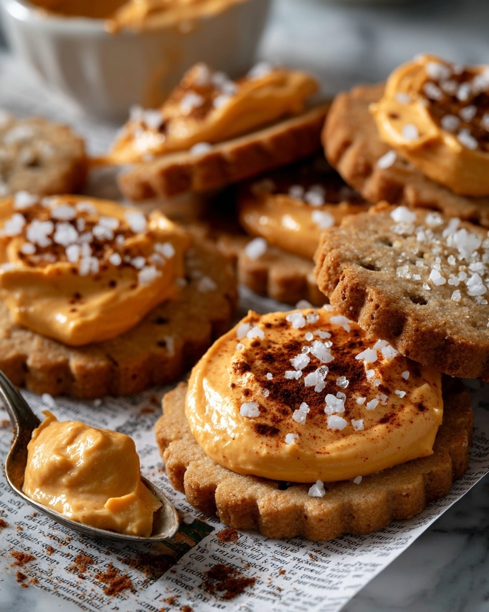 The image shows several round cookies with a light brown, crumbly texture and small holes all over their surface, arranged closely on paper printed with text. Each cookie is topped with a smooth layer of thick orange icing, irregular in shape, sprinkled with coarse white sugar crystals and a light dusting of cinnamon powder. In the top right corner, a spoon rests partially in a small puddle of the same orange icing, adding a glossy contrast to the matte cookie texture. The whole scene is set on a white marbled surface with a few orange autumn leaves scattered nearby. Photo taken with an iphone --ar 4:5 --v 7