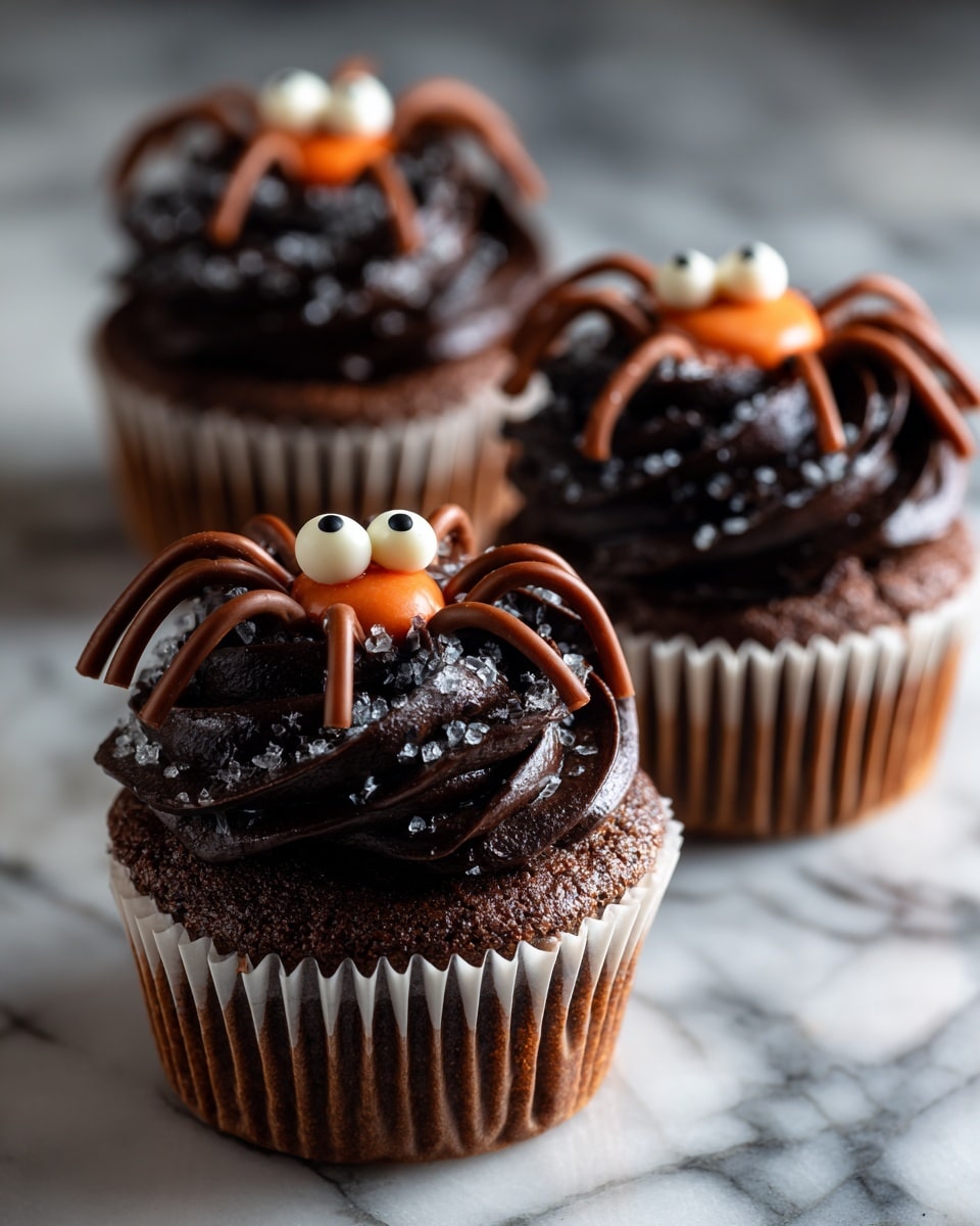 Three chocolate cupcakes sit close together on a white marbled surface, each with one swirl of thick, shiny black frosting on top. Each cupcake has a spider decoration made from chocolate cookie crumbs shaped as eight legs splayed out on the frosting. The spiders have two large white candy eyes with black dots and two small round orange candies below the eyes, resembling fangs. Tiny black sprinkles are scattered on the surface around the cupcakes. The background is blurred with dark tones. photo taken with an iphone --ar 4:5 --v 7