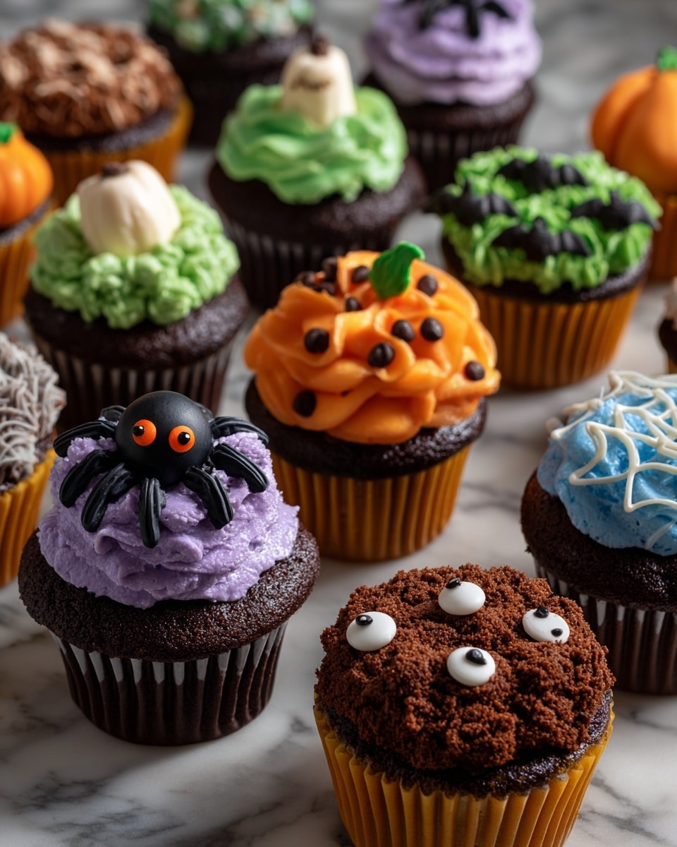 The image shows a group of chocolate cupcakes each with two main layers: a dark brown chocolate base and a thick swirl of colorful frosting on top. The frosting colors vary and include bright purple, light green, orange, and blue. Each cupcake is decorated with small fun Halloween shapes made from icing, like spiders with black legs and orange eyes, white ghosts with black eyes, orange pumpkins with smiling faces, and black bats on green or orange frosting. Some cupcakes have sprinkles or small chocolate pieces scattered on the frosting. The cupcakes are all in black paper cups and placed on a white marbled surface, giving a clear view of the detailed decorations. Photo taken with an iphone --ar 4:5 --v 7