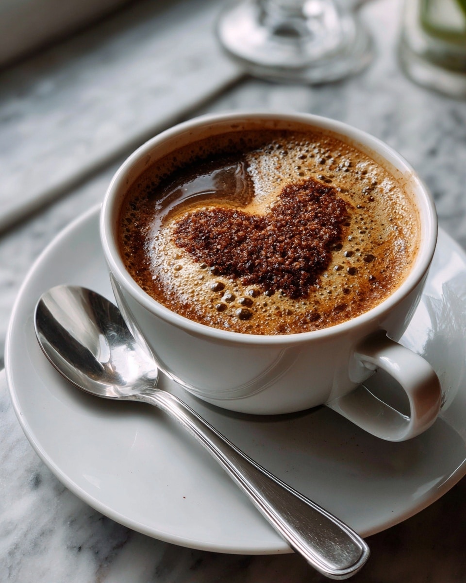 A white cup filled with a layered coffee drink showing a smooth light brown base of coffee, topped with creamy white milk foam forming a heart shape, sprinkled evenly with dark brown cocoa powder that outlines the heart and spreads lightly around the edges. The cup sits centered on a white saucer with a shiny silver spoon resting beside it. The scene is on a surface with a white marbled texture. photo taken with an iphone --ar 4:5 --v 7