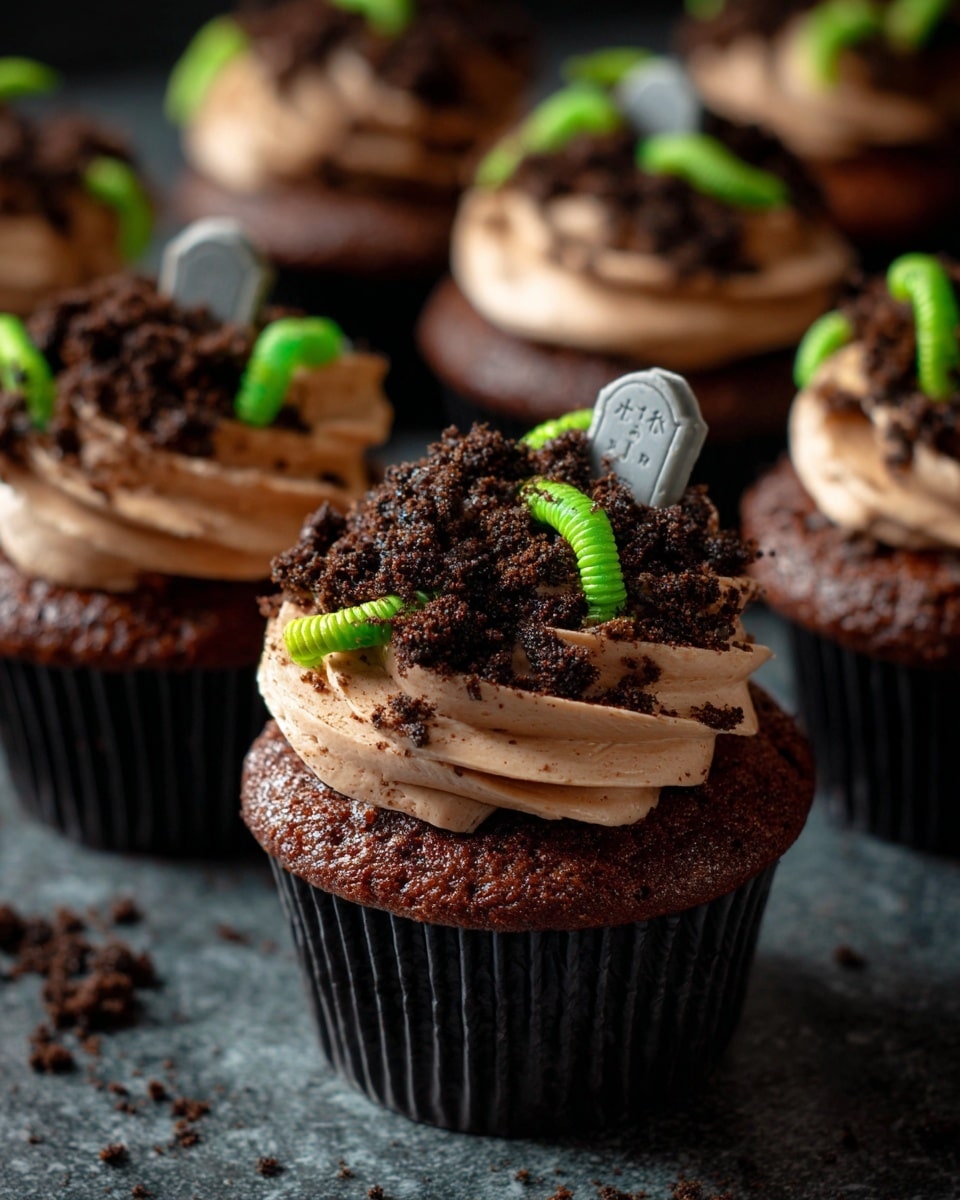 A dark chocolate cupcake with three main layers: the bottom is a deep brown moist cake, above it is a thick swirl of light brown creamy frosting, topped with a layer of dark brown crumbled cookie bits resembling dirt. Two small gray tombstone shaped cookies stand upright in the frosting, and bright green gummy worms peek out from the cookie crumbs layer. The cupcakes are set on a dark textured surface, but changed to a white marbled texture with soft focus background. photo taken with an iphone --ar 4:5 --v 7
