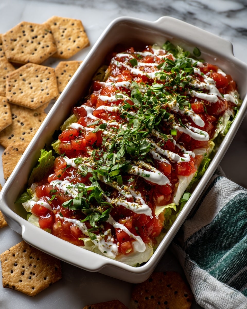A layered dip in a white rectangular ceramic dish, with a base layer of green, black, and red ingredients, topped with shredded light green lettuce, bright red chopped tomatoes scattered all over, white creamy sauce drizzled in lines on top, and small green herb leaves spread for garnish. The dish is surrounded by hexagonal crackers with sesame seeds, placed on a white marbled surface, and a green and white striped cloth partially under the dish. Photo taken with an iphone --ar 4:5 --v 7