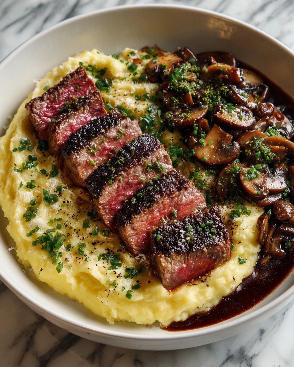 A white round plate on a white marbled surface holds a hearty meal with three main layers. At the bottom left, there is a large portion of creamy yellow mashed potatoes speckled with green herbs and black pepper. On top and slightly to the right, five thick slices of grilled steak with a dark brown crust show a pink center, garnished with chopped green herbs. To the right and around the steak, there is a layer of sautéed brown mushrooms in a glossy brown sauce, also sprinkled with green herbs. The dish looks warm and richly textured. Photo taken with an iphone --ar 4:5 --v 7