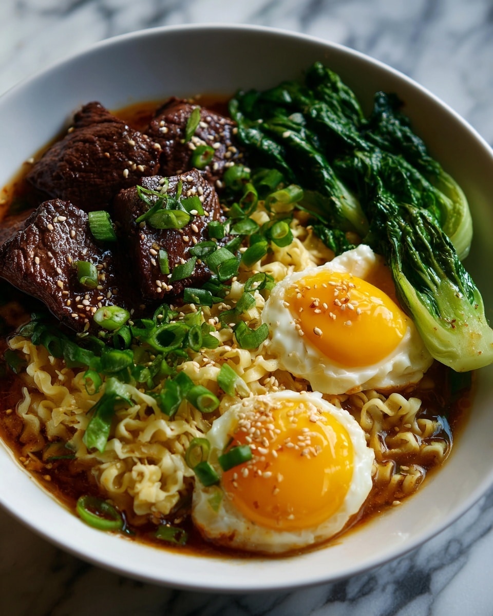 A white bowl is filled with a layered dish showing wavy light yellow noodles soaking in a dark brown broth at the bottom. On one side, there are dark brown pieces of cooked meat arranged in a small pile. Two bright yellow fried eggs with glossy yolks and white edges are placed near the center. To the right, vibrant green leafy vegetables rest gently above the noodles, adding fresh color. Small chopped green onions are scattered over the eggs and noodles. The bowl sits on a white marbled surface. Photo taken with an iphone --ar 4:5 --v 7