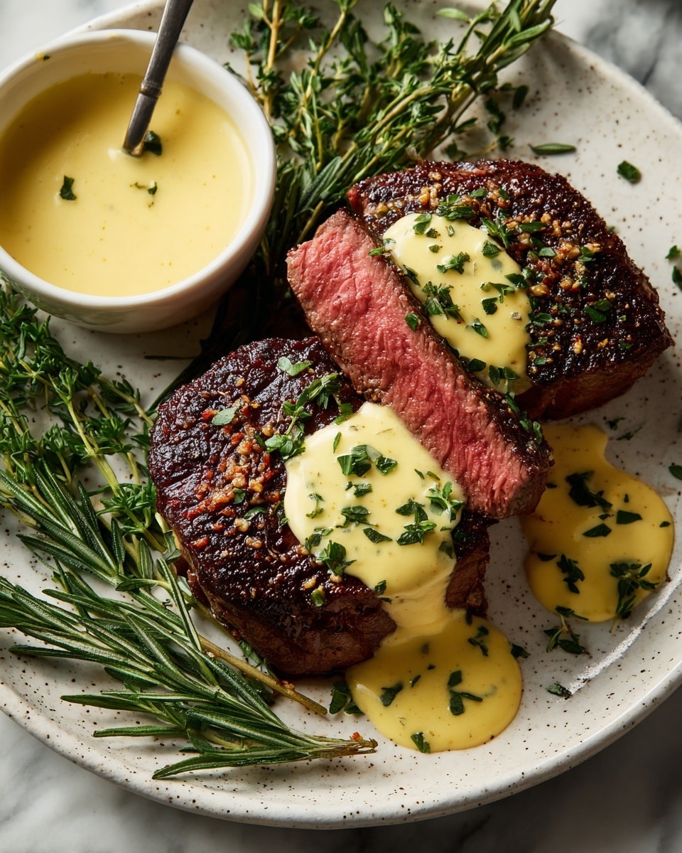 Two thick round pieces of medium-rare steak with a surface of dark brown grill marks and a pink center sit on a white plate. Each steak is topped with a creamy yellow sauce sprinkled with small green herb pieces, some sauce artistically spilling onto the plate around the steaks. Sprigs of fresh green herbs, including rosemary, lie beside the steaks, adding a natural touch. In the background, a small bowl filled with the same yellow sauce rests on the plate. The plate is set on a white marbled surface. photo taken with an iphone --ar 4:5 --v 7