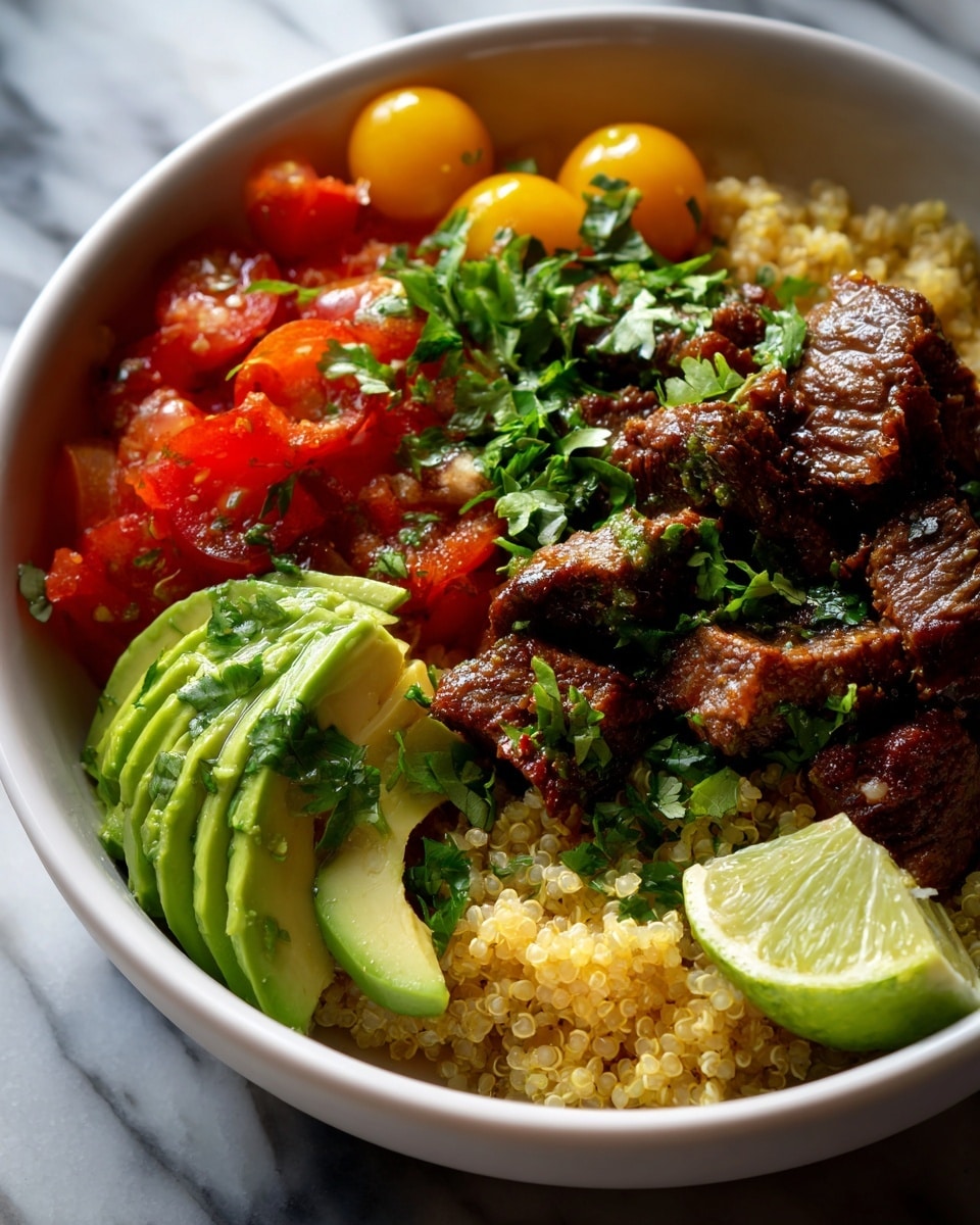 A white bowl filled with a base layer of light yellow quinoa that has a fluffy texture. On top, there are sliced strips of cooked brown beef mixed with red bell pepper strips and halved yellow cherry tomatoes, all slightly glossy. Next to the beef mix, there are several slices of avocado, bright green with a smooth creamy texture. A lime wedge sits on the side of the bowl, adding a fresh touch. The whole dish is sprinkled with chopped green cilantro and some red chili flakes. The bowl is placed on a white marbled surface with a blue-gray cloth nearby and lime wedges in the background. photo taken with an iphone --ar 4:5 --v 7