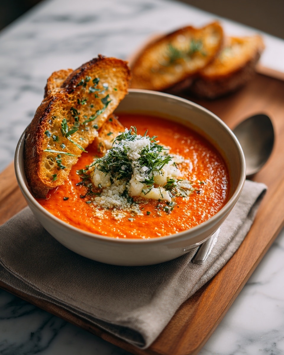 A bowl with bright orange smooth soup fills most of the bowl, topped with small green herb pieces and a small pile of white grated cheese right in the middle. On the left side, two round toasted bread slices with a golden brown, slightly crunchy texture lean against the bowl edge, showing small holes in the bread. The bowl is on top of a beige cloth napkin that rests on a wooden board, all set on a white marbled surface. Photo taken with an iphone --ar 4:5 --v 7