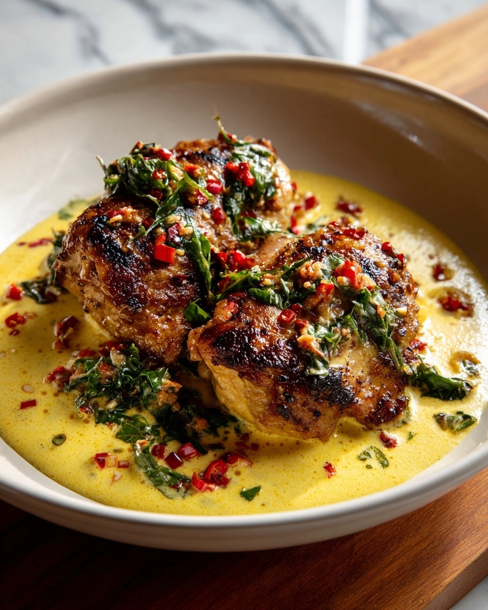 The dish shows two grilled pieces of golden brown fish with clear grill marks, placed side by side in a shallow white bowl filled partially with a light yellow creamy sauce. The fish is generously covered with the same sauce, which is smooth and slightly shiny. On top, small pieces of red chili and finely chopped green herbs are scattered, adding bright red and green color contrasts to the creamy yellow and brown fish. The bowl sits on a wooden surface, with a blurred lime half visible in the background, but the overall scene is set against a white marbled texture. photo taken with an iphone --ar 4:5 --v 7