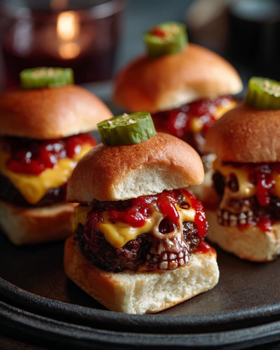 The image shows four small burgers arranged on a dark skillet, each burger with a top white bun that has ketchup and three pickle slices on it. Below the bun is a layer of bright orange cheese melted into a detailed skull shape that covers a dark brown meat patty. The eye sockets and nose holes of the skull cheese are filled with ketchup. The bottom bun looks toasted and sandwiches the meat and cheese skull. The whole scene is on a white marbled texture, with soft lighting that highlights the colors and textures of the buns, cheese, pickles, and ketchup. photo taken with an iphone --ar 4:5 --v 7
