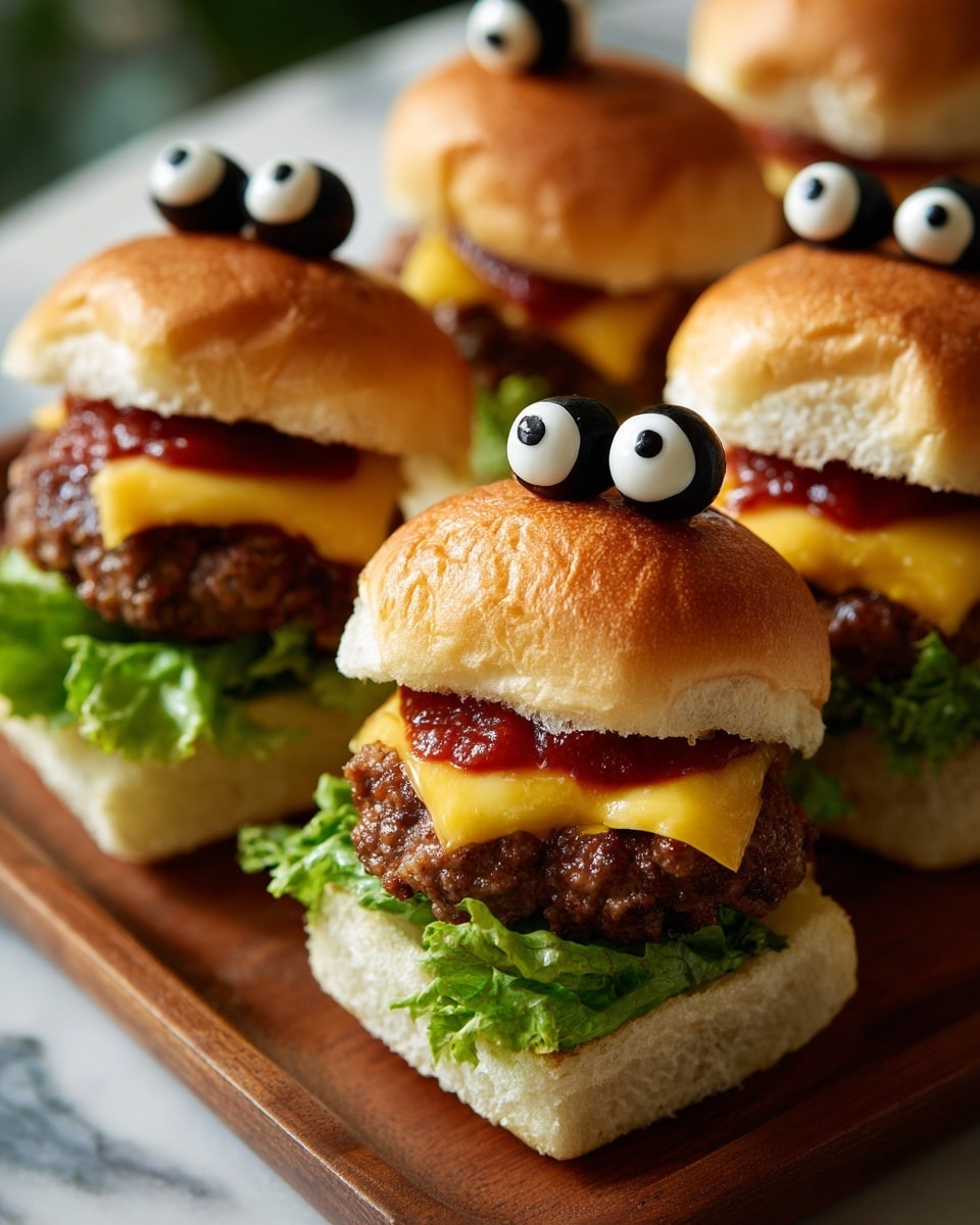Four small square burgers are arranged closely on a wooden board over a white marbled surface. Each burger has five visible layers starting with a soft bottom bun, bright green leafy lettuce, a grilled beef patty, a slice of melted yellow cheddar cheese, and a dollop of red ketchup under a shiny golden brown top bun. Each top bun is decorated with two black olives with white and black circular centers, resembling eyes. The background is softly blurred with warm tones, giving a cozy look. photo taken with an iphone --ar 4:5 --v 7