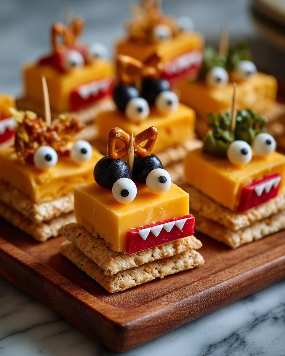 The image shows playful snack squares stacked in three layers, placed on a cracker base. The bottom layer is the square, light beige cracker with a rough texture. The middle layer is a smooth, bright orange block of cheddar cheese, shaped in a perfect cube. The cheese cube is decorated with a mouth made from a strip of red bell pepper topped with three small white triangular pieces that look like teeth. The eyes are round and white with small black centers, positioned above the mouth. On top of the cheese cubes, toothpicks hold either two green olives, two black olives, or orange pepper slices to resemble horns or antennae. These snack squares are arranged on a light brown wooden board over a white marbled surface. The photo is taken with an iphone --ar 4:5 --v 7